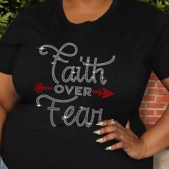 New Faith over Fear Rhinestone T-shirt Black with Red and Silver Soft Stretchy - Picture 3 of 9